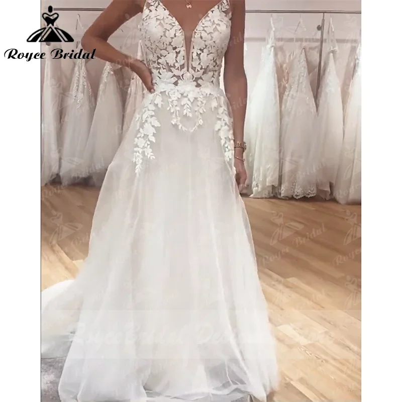 Roycebridal Boho Fairy Wedding Dress Lace Applqiues Spaghetti Straps V Neck Bridal Gowns Tulle A Line trouwjurk