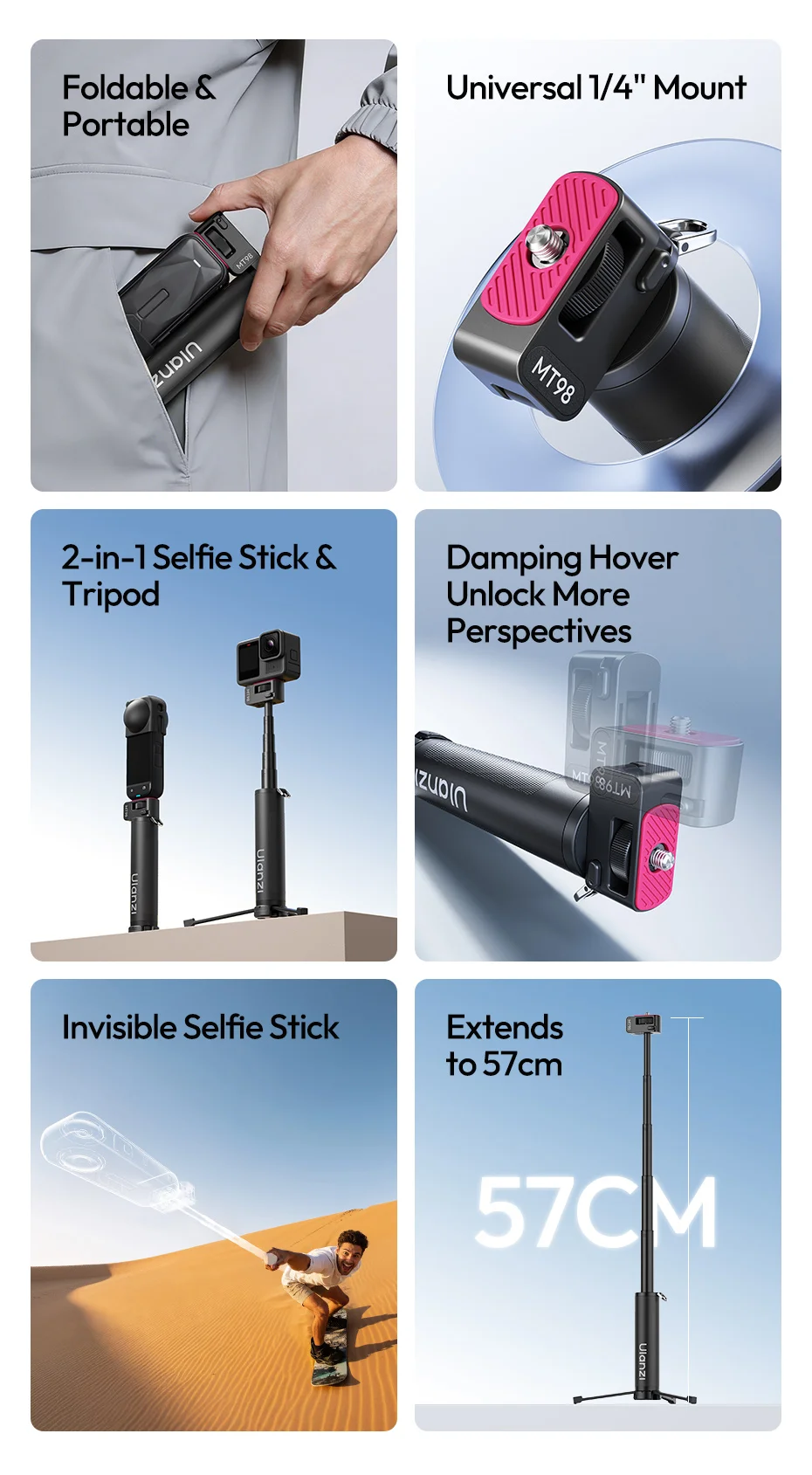Ulanzi MT98 Faltbarer Selfie-Stick 2-in-1 Selfie-Stick & Stativ Breite Kompatibilität Flexibler Winkel für Insta360 Fotografie Vlog – Detail 2