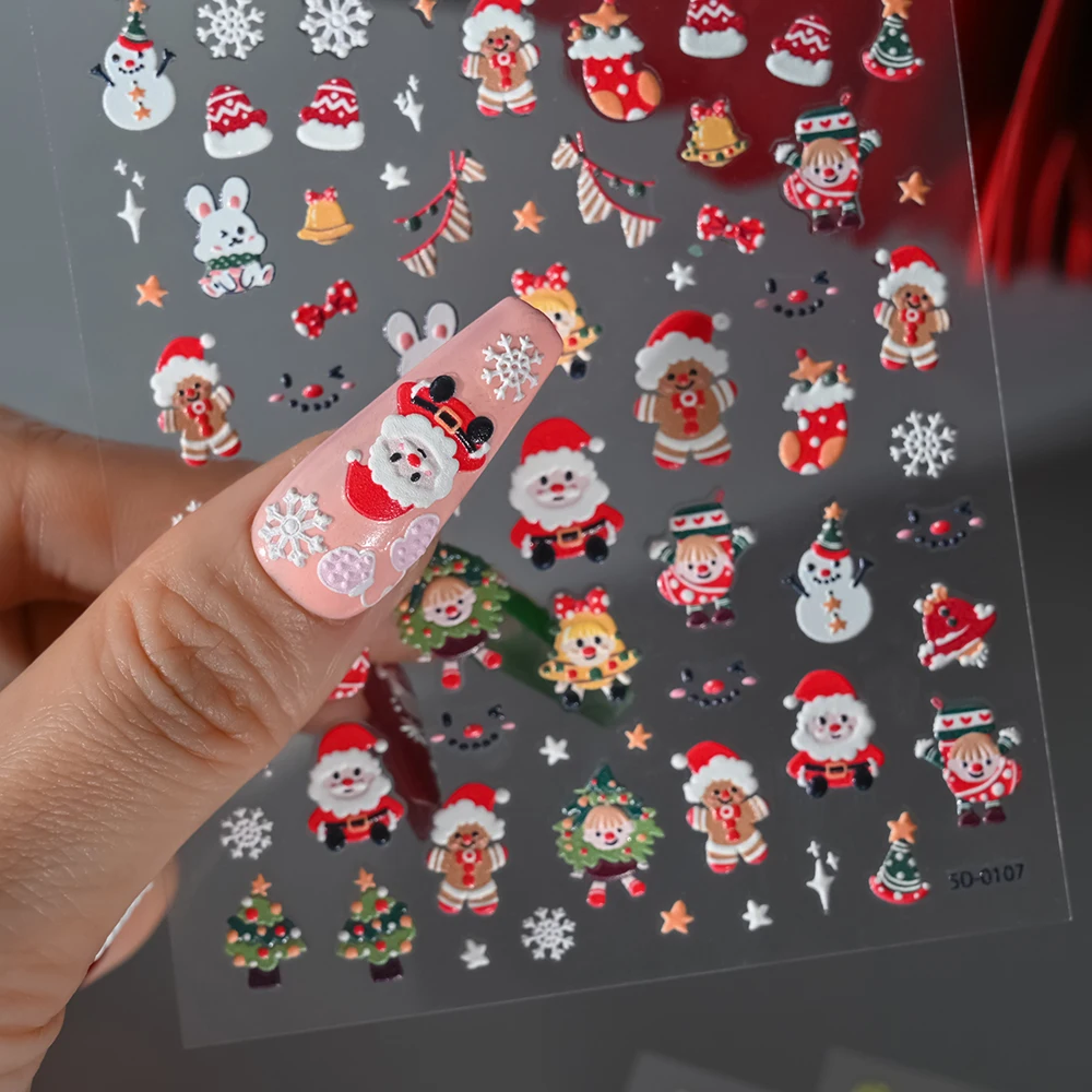 5D Embossed Christmas Nail Art Stickers Santa Claus Snowman Gingerbread Man Elk Adhesive Decals Winter Xmas DIY Engraved Slider