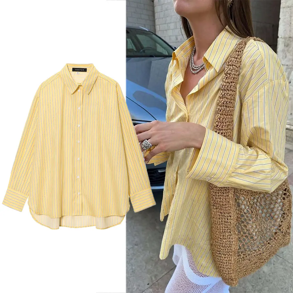 

TRAFZA Yellow Striped Shirts For Women 2025 New Fashion Blouse Loose Casual Single-Breasted Long Sleeve Shirt Office Lady Tops