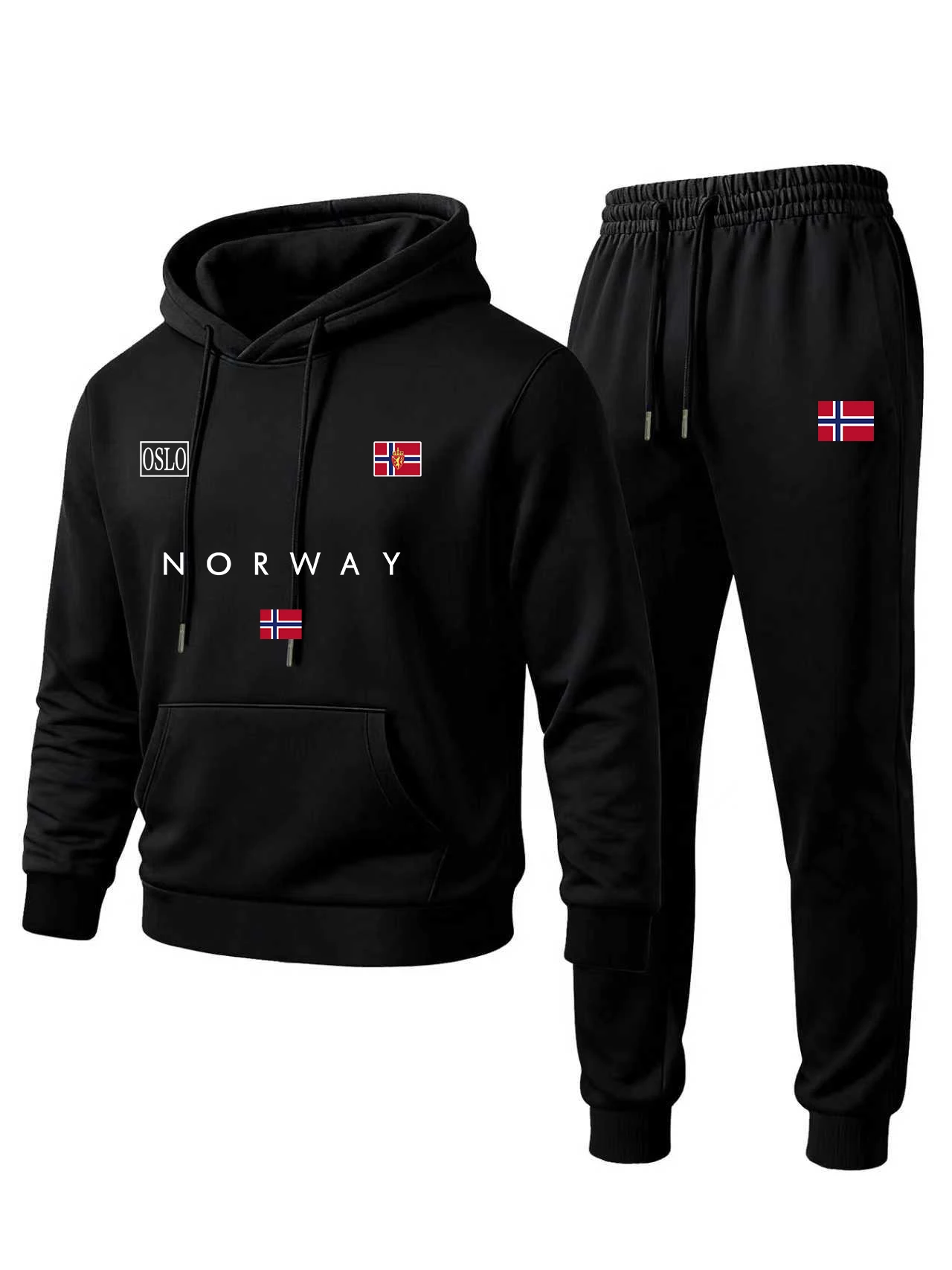 

2025 Autumn/Winter Men's classic hooded sweatshirt set, fashionable Norwegian flag print, comfortable and warm sportswear set