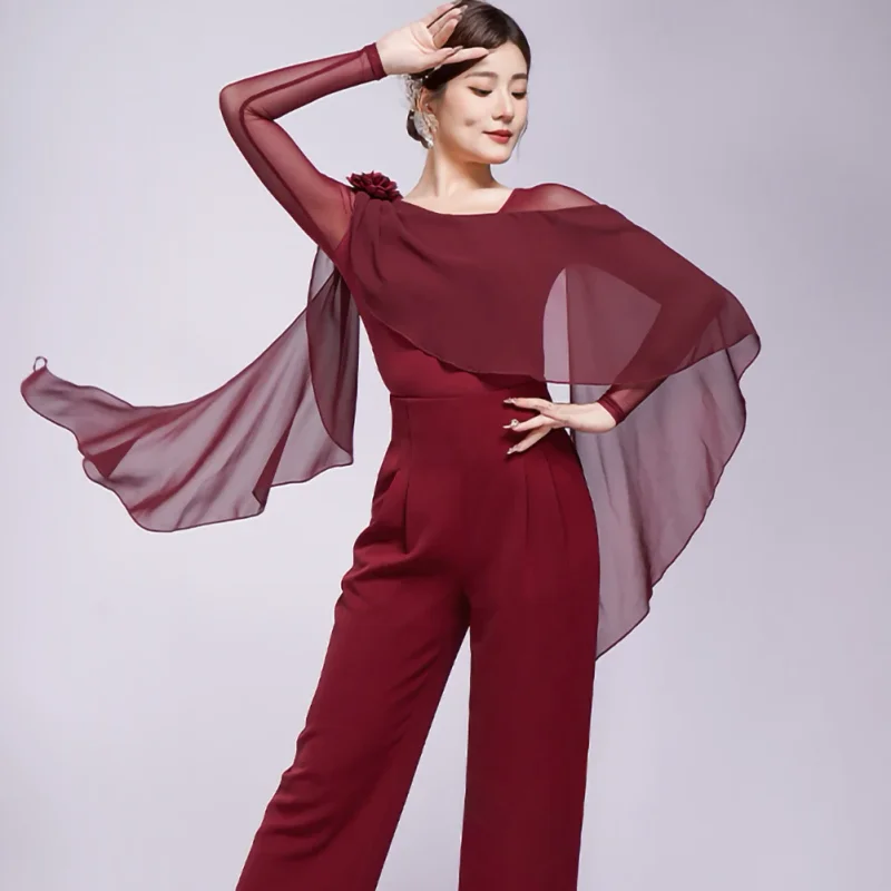 Nieuwe witte ballroom danswedstrijd dans top lange mouw oefenjurk zwart moderne dans shirt paarse sjaal wals