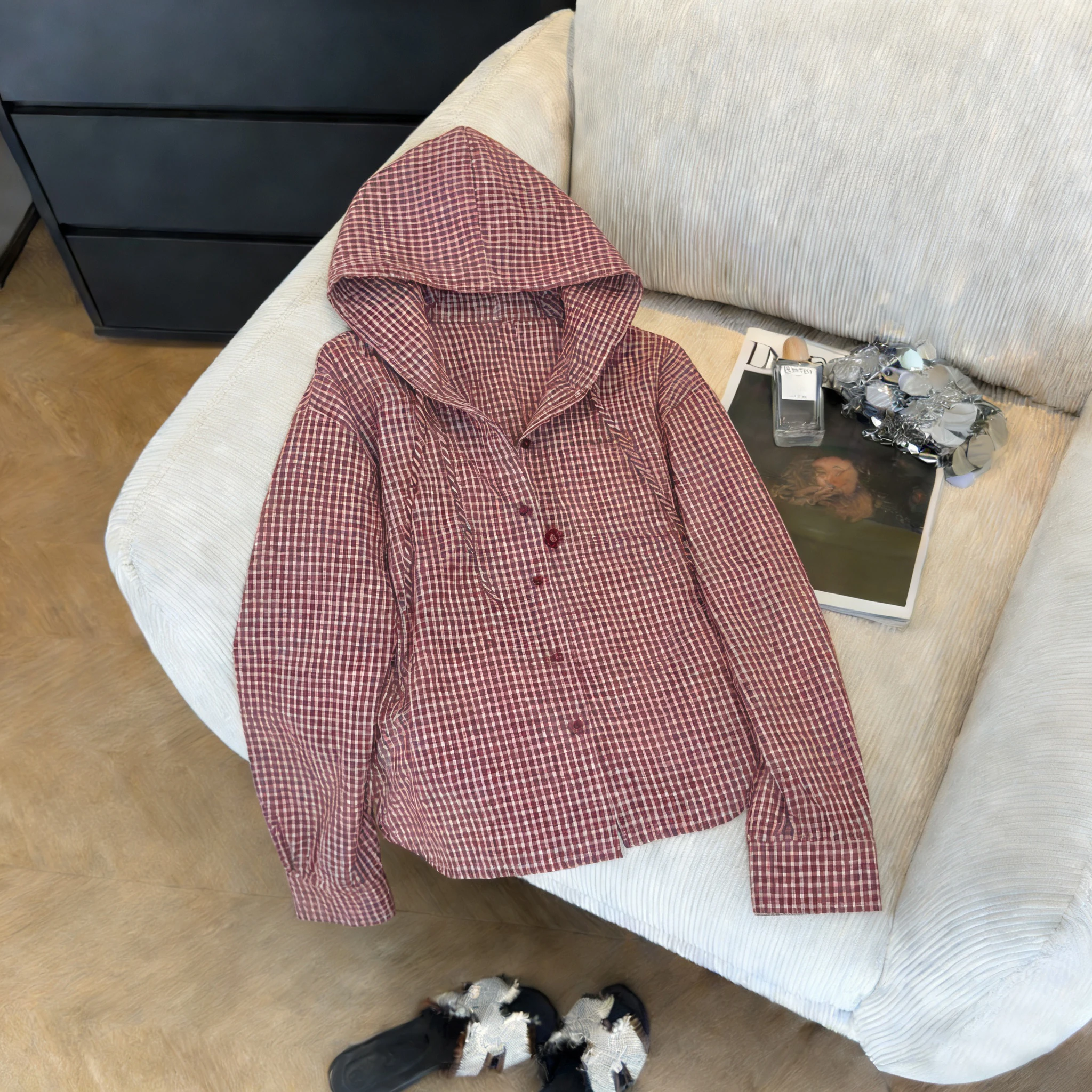 

Ele Red Plaid Hooded irt Loose Thin Sun Protection Spring Autumn Korean Sle Lazy Casual Women's Faion irt