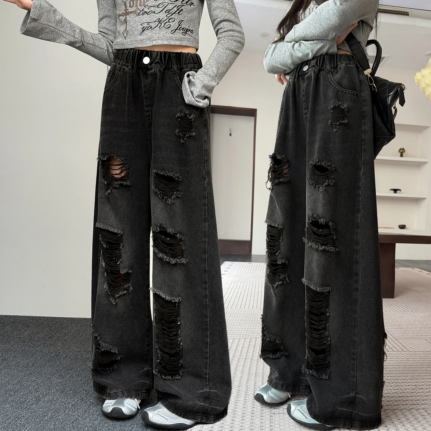 Teens Girl Trendy Streetwear Retro Destroyed Denim Pants Autumn Children Black Street Jeans with Holes Kids Versatile Trousers