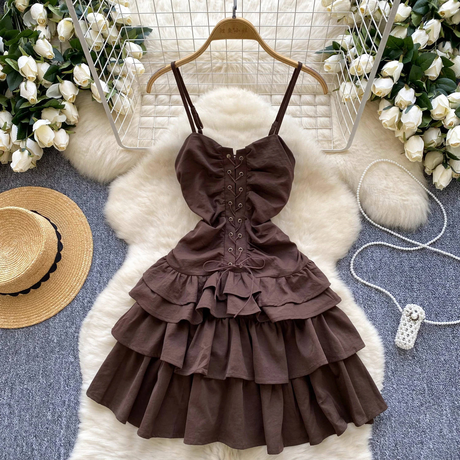 Alças Vintage feminino Vestido de babados, Bandagem, Em camadas, Sexy, Curto, Rua alta, Moda coreana, Streetwear, Elegante, Roupa de verão