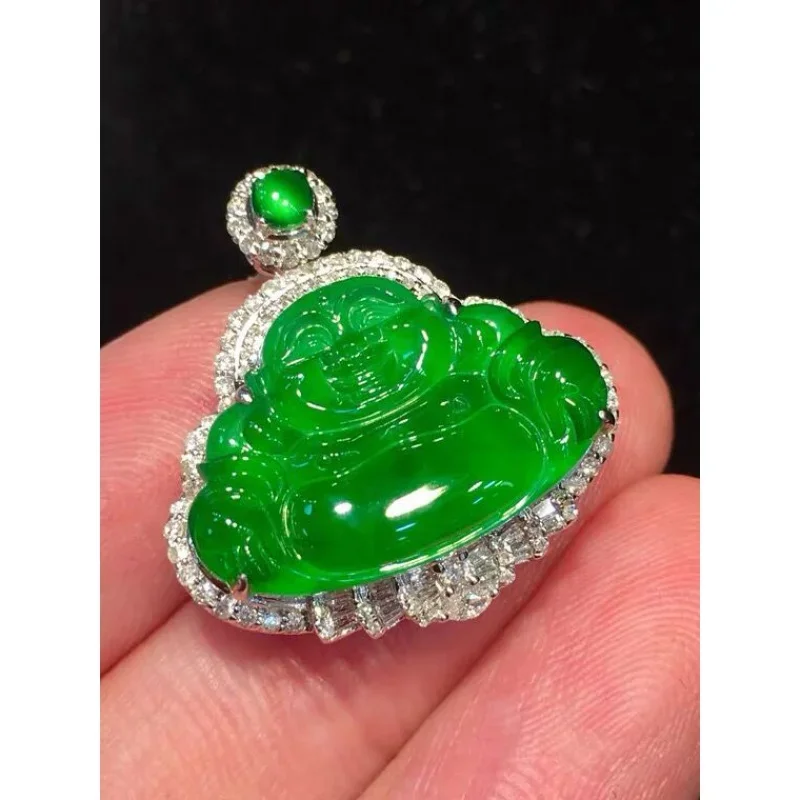 Ice-Like Sun Green Buddha pingente, ouro 18k, água jade embutidos, delicado e completo