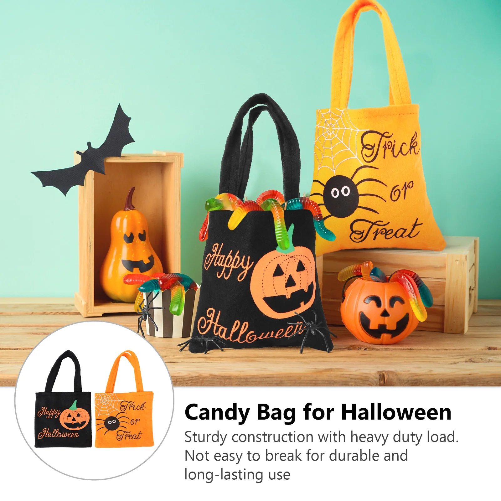 

2pcs Trick or Treat Bags Happy Halloween Candy Handbag Non-woven Fabric Children Gift Bags (Black & Orange)