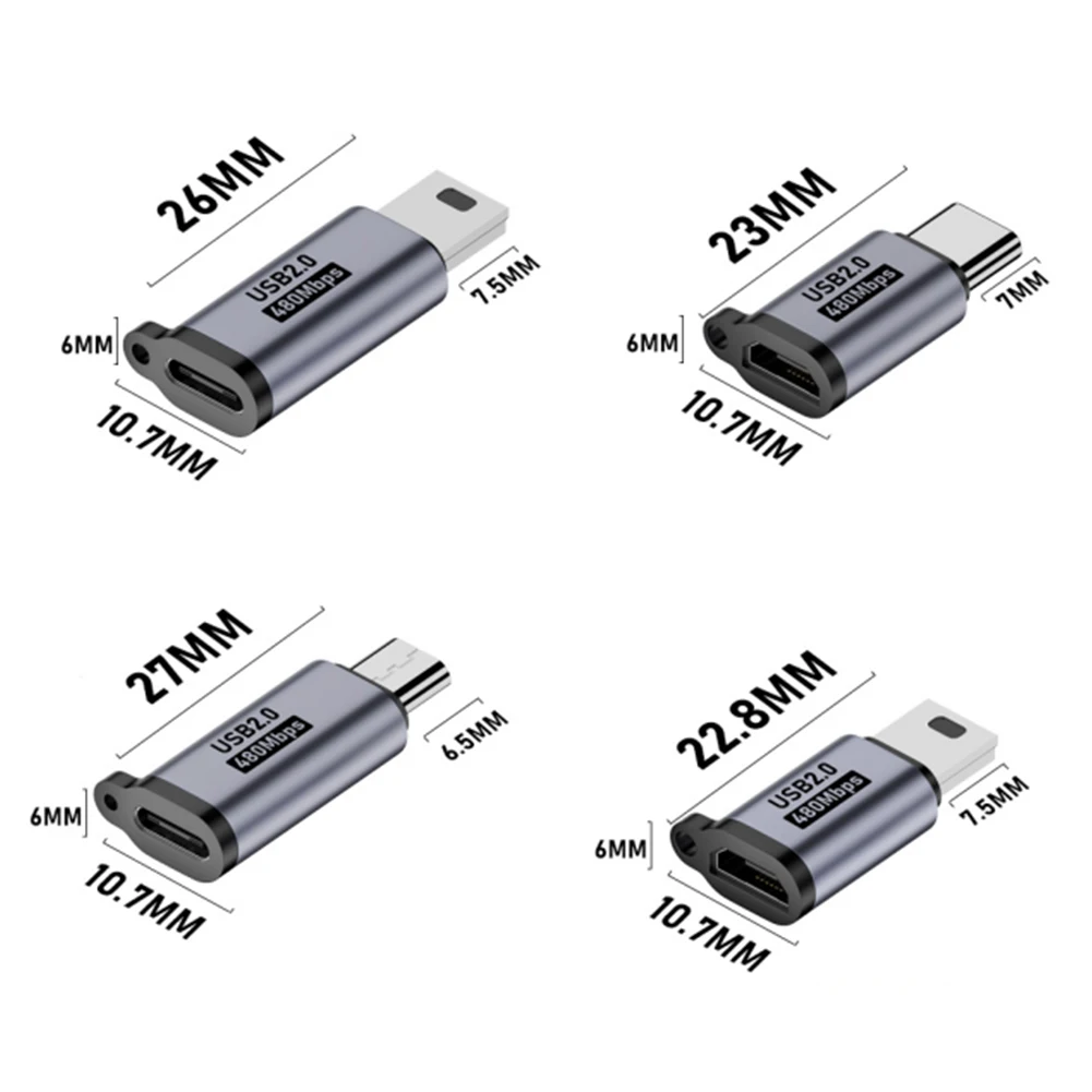 2 uds Micro USB hembra a Mini USB macho adaptador 480Mbps TypeC hembra a Mini USB macho convertidor 18W 5V 2A para teléfono/tableta/PC