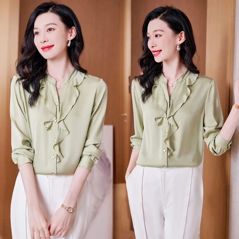 BirdTree 91.2% Real Silk Shirt for Women, V-Neck Long Sleeve Ruffles, Elegant Fashion Chic Blouse, 2024 Spring New Top T42862QM