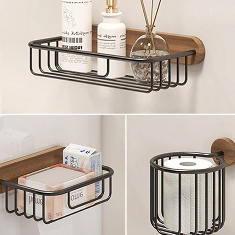 Solid Wood Tissue Holder Without Drilling Walnut Bathroom Organizer Paper Towel Storage Wall Phone Shelf for Home Office Decor