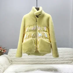 Jacket Real Fur Coat Winter Women Wool Sheep Shearing Patchwork Down Coat Stand Collar Natural Outerwear Ladies Jackets