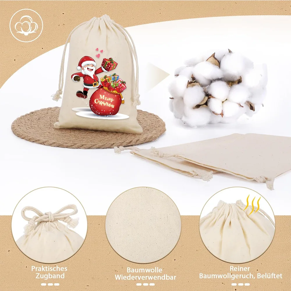 30pcs/lot Santa Claus Printing Cotton Drawstring Pouches Portable Travel Sundry Storage Bags Christmas Candy Gift Packaging Bag