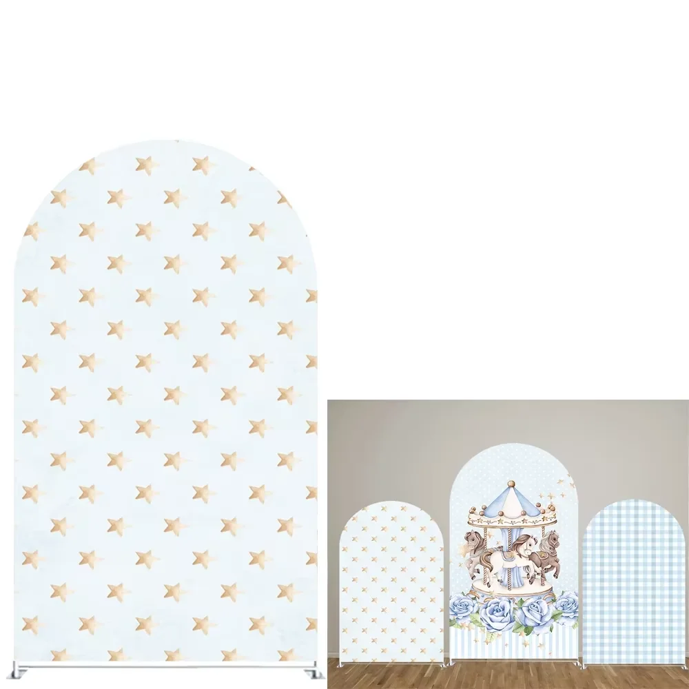 Mehofond Boy موضوع الأزرق كاروسيل نمط قوس خلفية يغطي استحمام الطفل حفلة عيد ميلاد الأزرق زهرة نجوم ديكور خلفية الدعامة