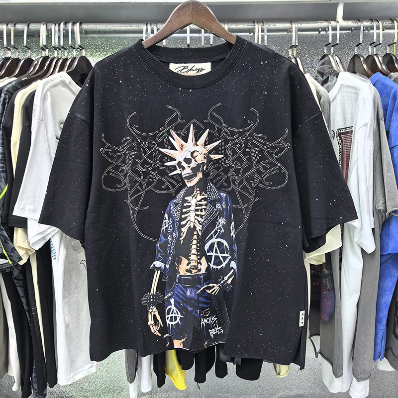 BKYS T-Shirt 2026 Summer New American Street Skull Demon Print Loose Cotton Vintage Short Sleeve T-Shirt Men Women