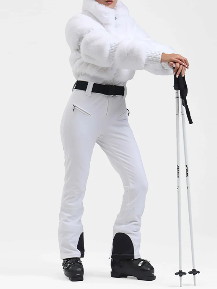 20205 New Snow Sportwears Suits For Women Faux Fur Spliced Jumpsuit Adjustable Warm Jacket Pan Outdoor Ski Sportswear Outfits