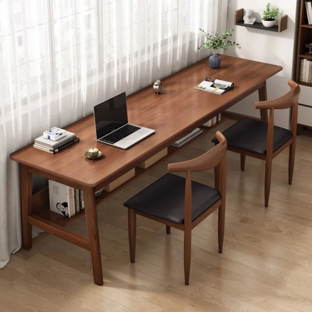 

Long table solid wood legs double desk simple office computer home narrow table against the wall