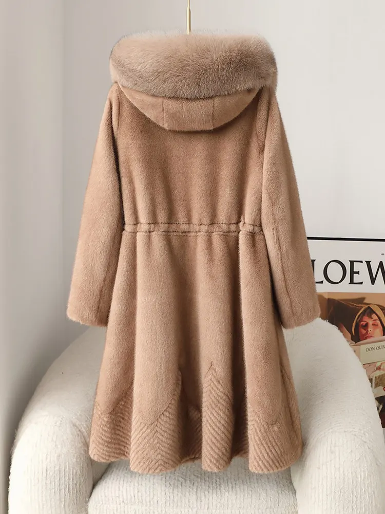Abrigo de piel de visón dorado, cuello de piel de zorro con capucha de longitud media para mujer, abrigo de piel de visón integrado de piel