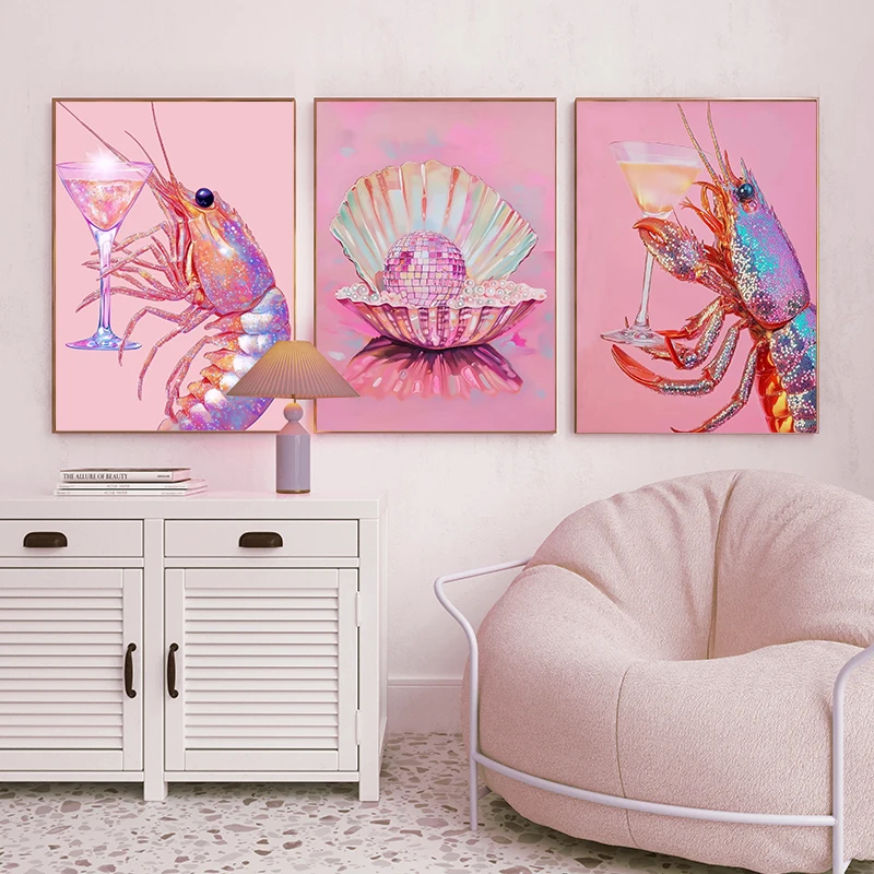 Sparkling Shrimp Shell Crab Martini Cocktail Pink Disco Seafood Poster Canvas Print Bar Fashion Restaurant Kitchen Wall Decor
