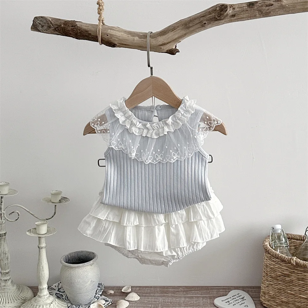 6M-2Y Summer Sweet Style Girls Set Lace Ruffle Collar Sleeveless Tee+White Ruffle Shorts 2Pcs Clothes Soft Cotton Infant Suit