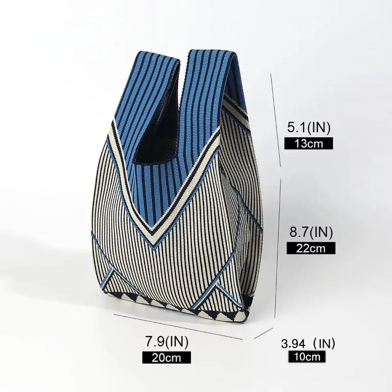 Mini Geometric Striped Knit Handbag Women Soft Reusable Wrist Tote Bag Casual Portable for Shopping Office Commute