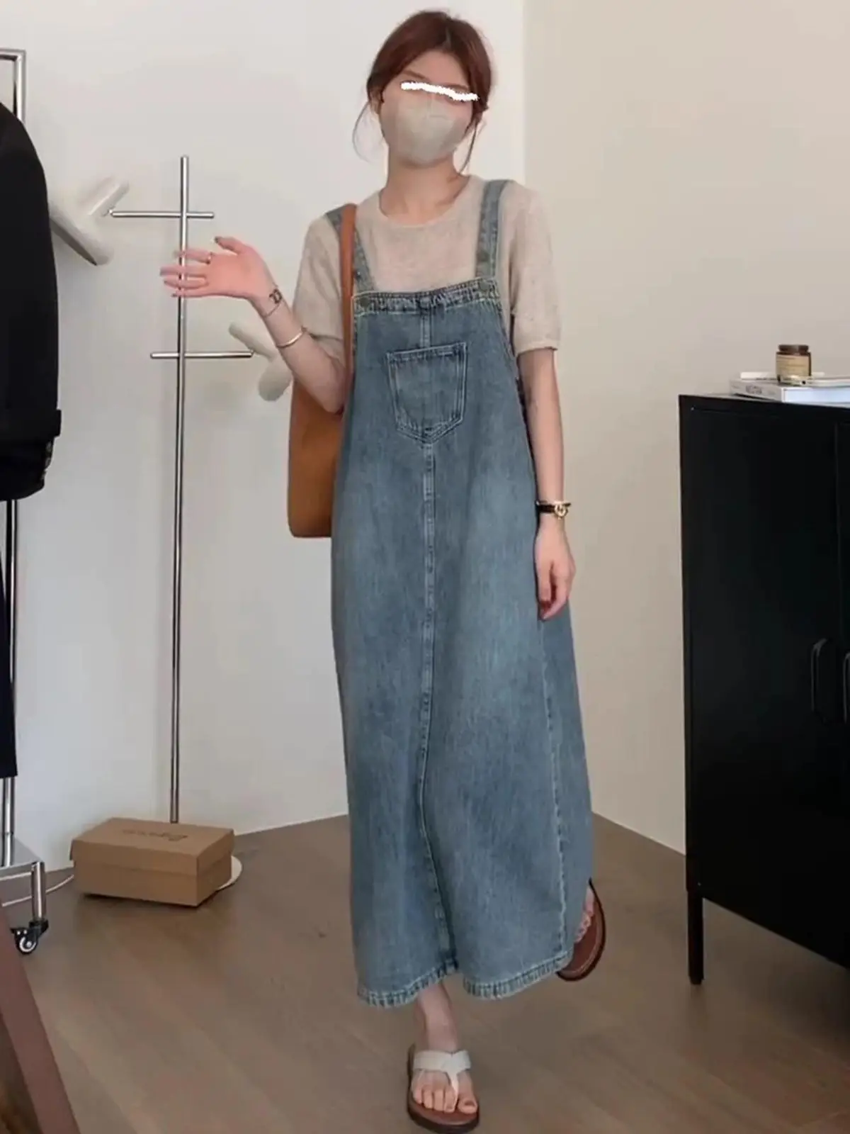 Loose Korean Style Denim Overalls Women's Long A-Line Skirt Vintage Slit Casual Streetwear Polyester Cotton Blend