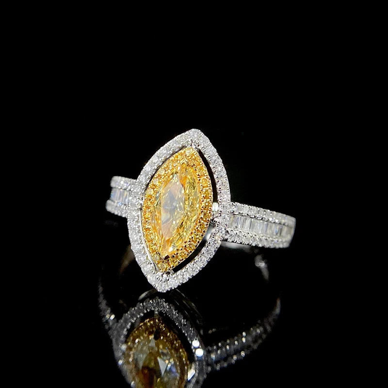 KUGG 100% 18K White Gold Rings Women Luxury Marquise Cut Shape Real Natural Yellow Diamond Engagement Ring High Party Jewelry