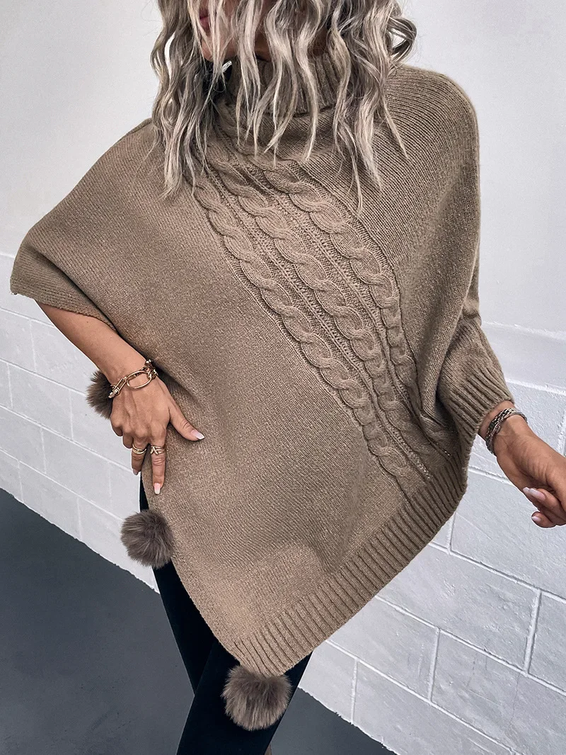 Winter Fur Triangle High Neck Streetwear Women Pompon Twists Poncho Knitted Cape Loose Long Pullovers Shawl Sleeveless Knitwear