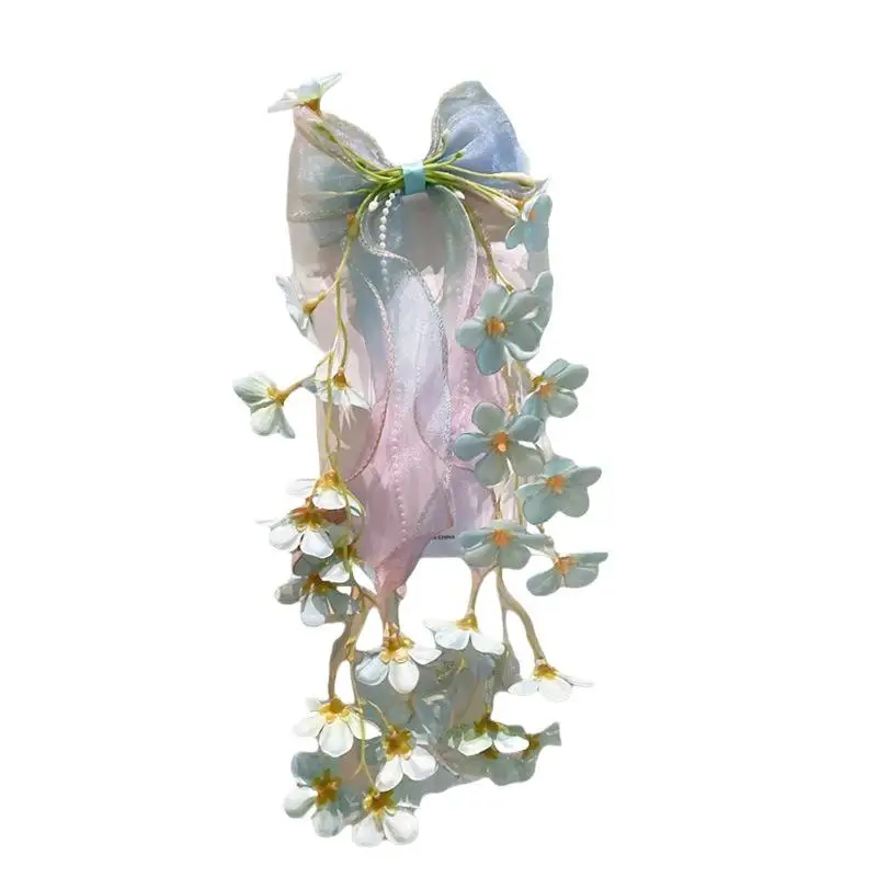 Fairy Floral Bow Hair Clip Organza Ribbon Hair Accessory With Flower Tassel For Girls Women Party Wedding