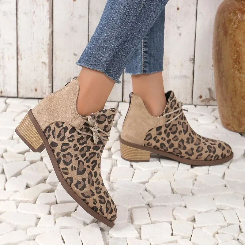 Botas de plataforma 2024, Botas de tacón grueso para mujer, Botas de talla grande nuevas para mujer con estampado de leopardo, botines cálidos de suela gruesa, Botas Retro femeninas