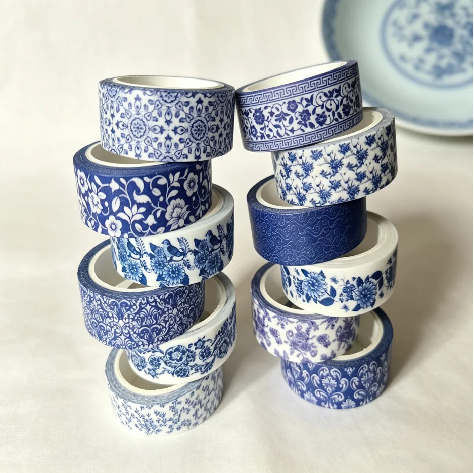 Blue & White Porcelain Washi Tape Set, 12 Rolls Elegant New Chinese Chinoiserie Pattern Decorative Tape for Journaling Scrapbook