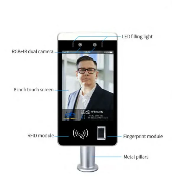 

8-inches touchable sensor AI face facial recognition device with fingerprint and Rfid card reader