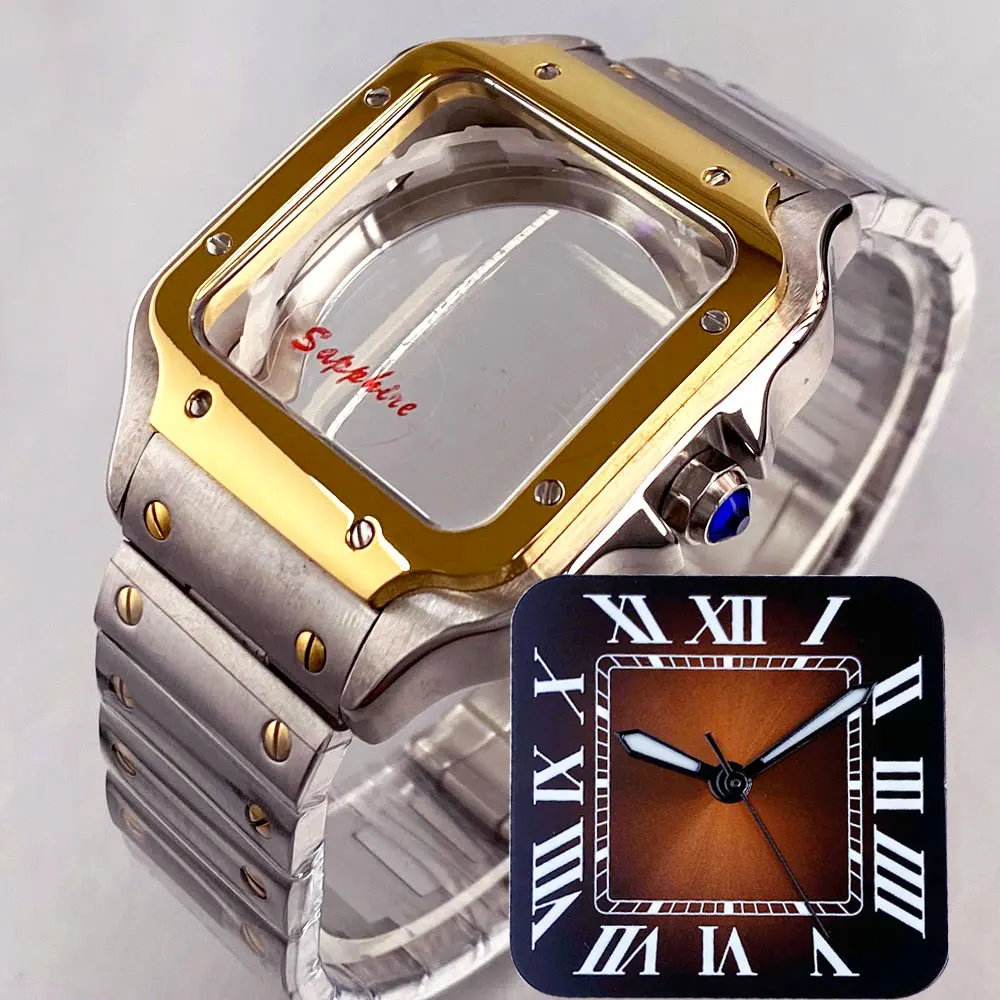 

Two tone Square Watch Case 316L Stainless Steel for NH34 NH35 NH36 NH70 Glass Back Dial Hand Set Folding Clasp 38mm High luxury