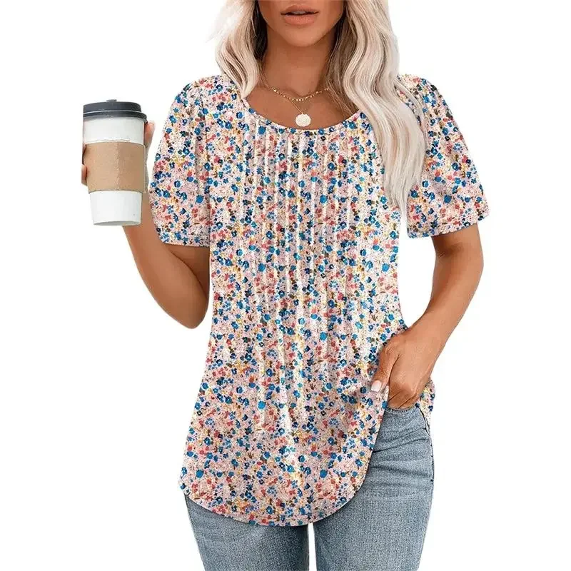 

Elegant Pleated Short Sleeve Splice Tops Women Solid Color Stripes O Neck Pullover T-Shirt Female Summer Comfortable Casual Tees