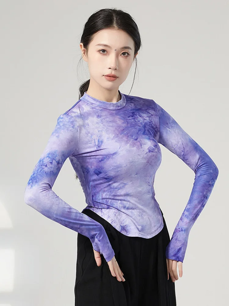 Long Sleeves Modern Dance Belly Costume Gala Tops Woman Party Jazz Tie Dye Street Latin Competition Young Girls Women Top