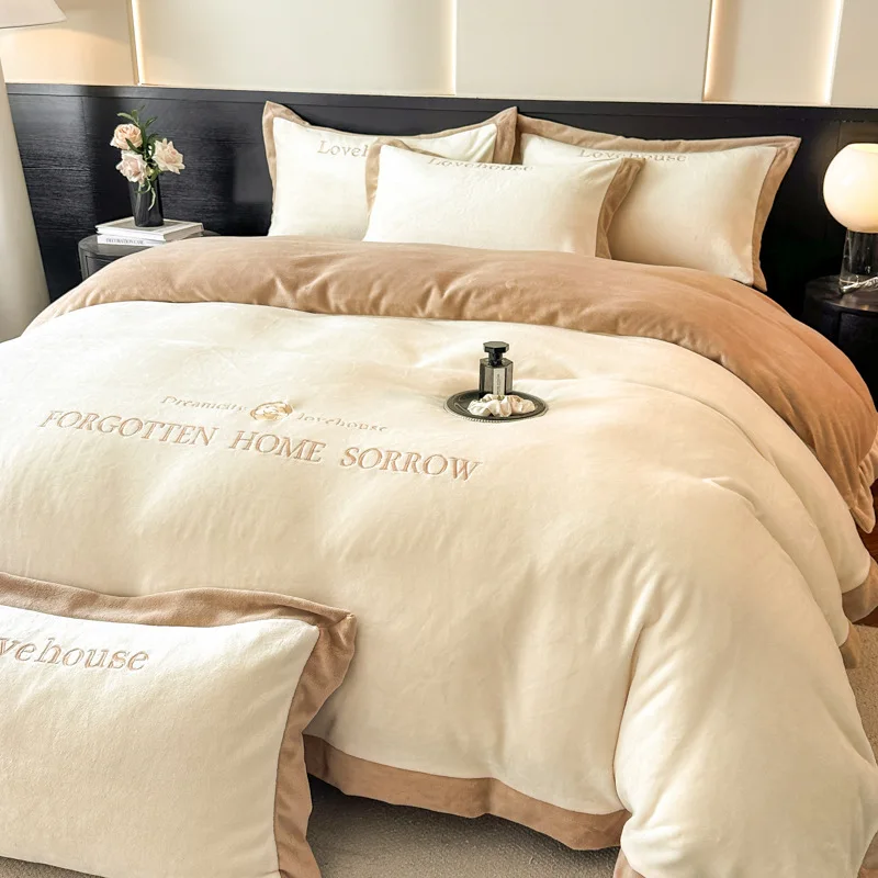 Milk fleece thickened warm four-piece set embroidered corner double-sided fleece bed sheet quilt cover bedding