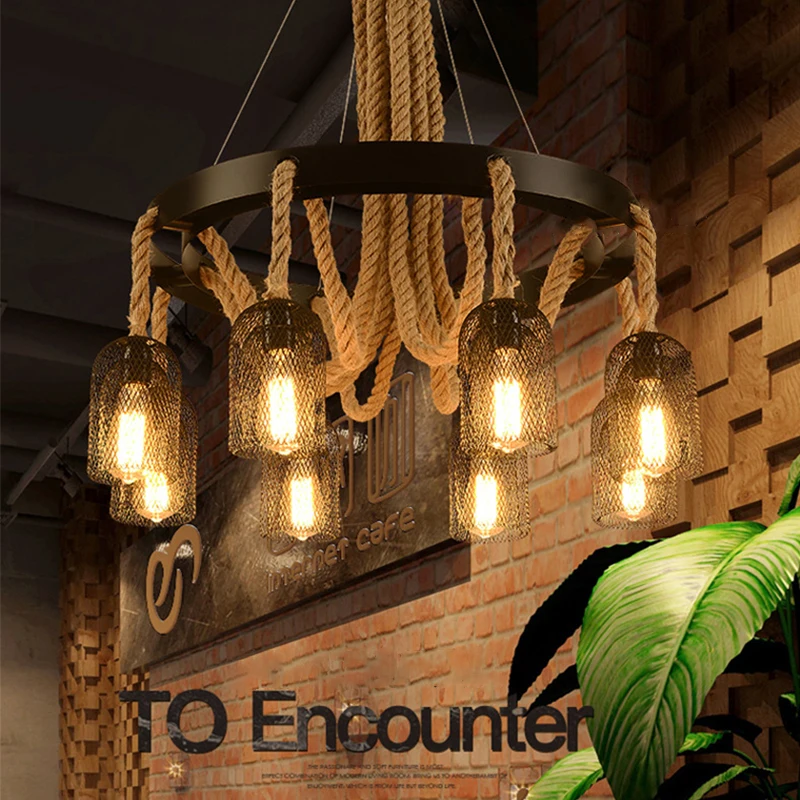 ： OUFULA American Style Retrohemp Rope Chandelier Nostalgic Loft Industrial Style Internet Cafe Restaurant Hot Pot Shop Pendant