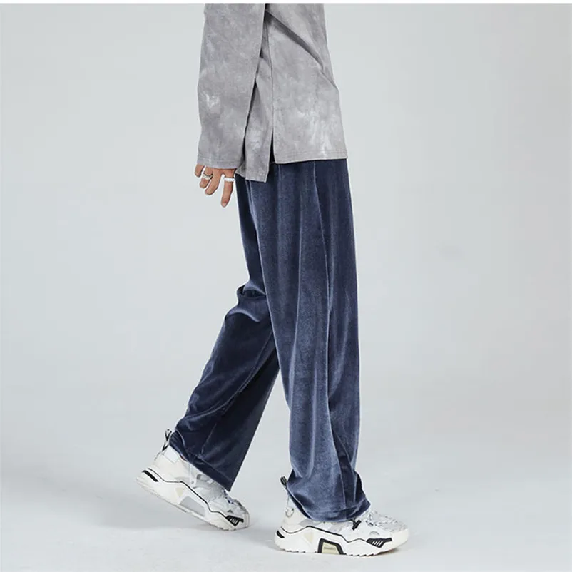 High Street Male Velvet Long Straight Trousers High Waist Drawstring Fashion Chic Men Pants Plus Size Trousers M-7XL Gray Black