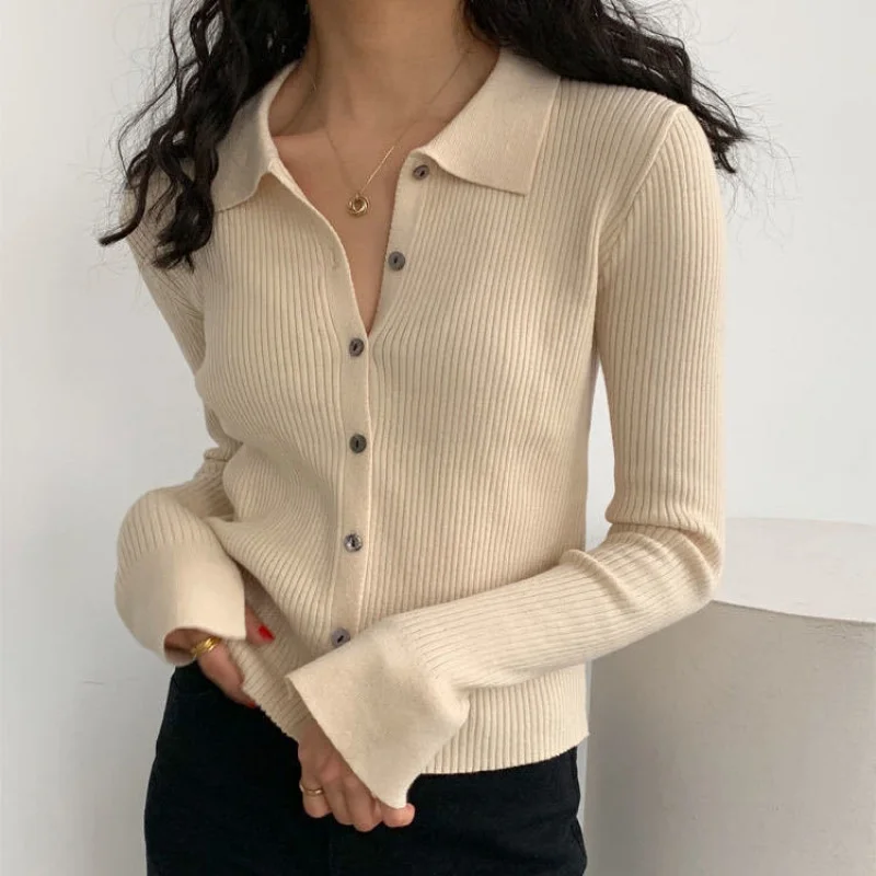 

Women Knitted Swaeters Autumn Lapel Full Sleeved Single Breasted Slim Fit Cardigan Spring Solid Short Knitwear