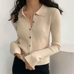 Women Knitted Swaeters Autumn Lapel Full Sleeved Single Breasted Slim Fit Cardigan Spring Solid Short Knitwear