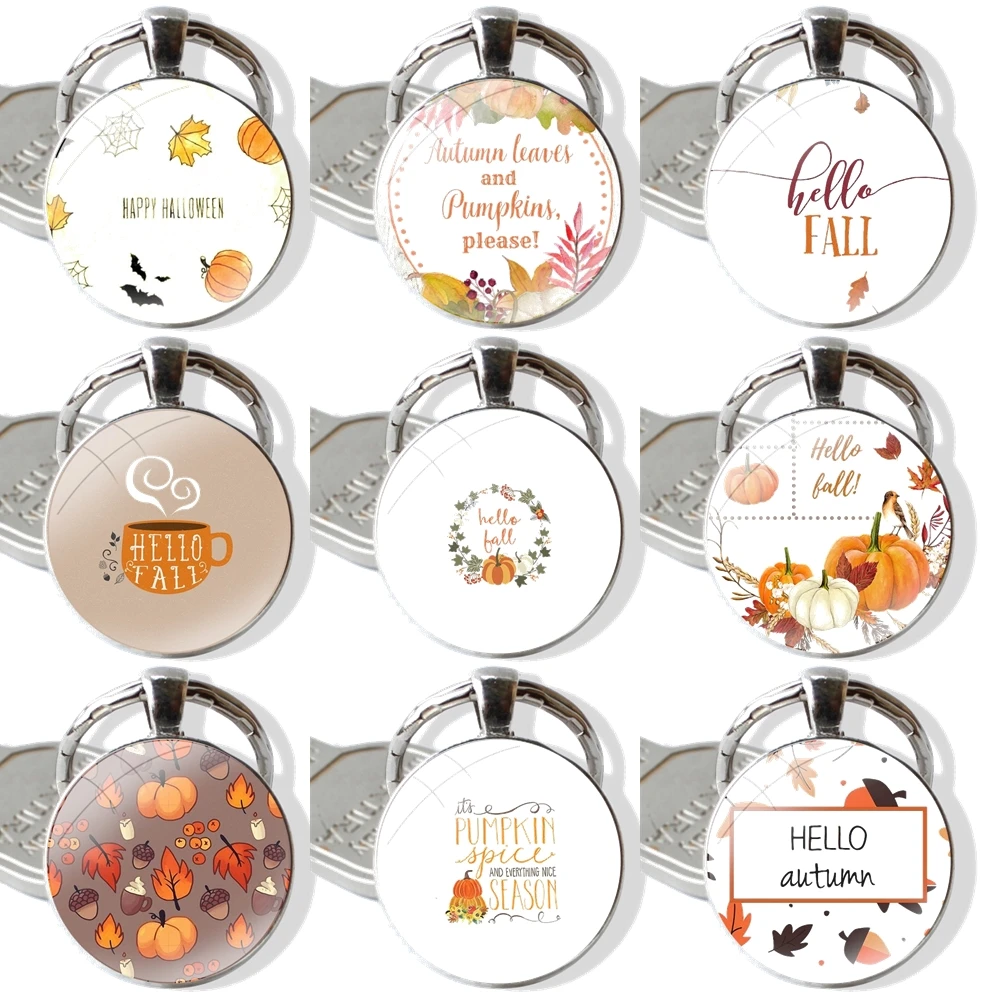 Keychain Handmade Glass Cabochon Key Ring Holder Pendant Key Chains Pumpkin happy autumn fall