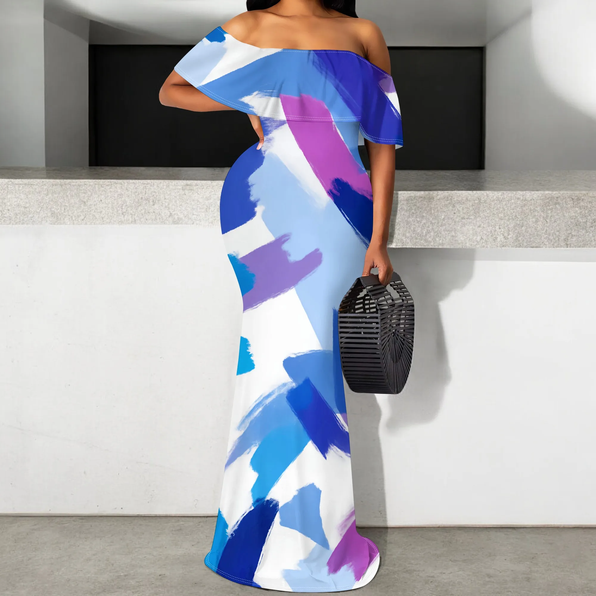 

Abstract Brush Print Off Shoulder Maxi Dress S-3XL Ruffle Sleeve Mermaid Style for Summer Brunch, Art Event or Gallery Look