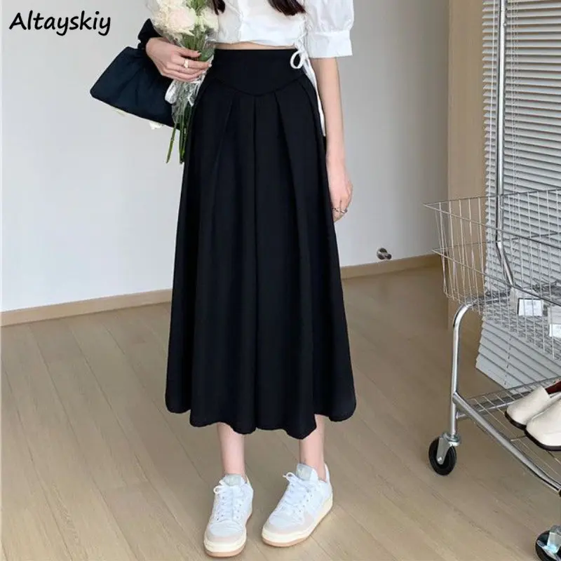 Pleated Skirts Women Fairycore Gentle Literary Summer Female Empire Korean Version Popular A-line Preppy Style Casual All-match