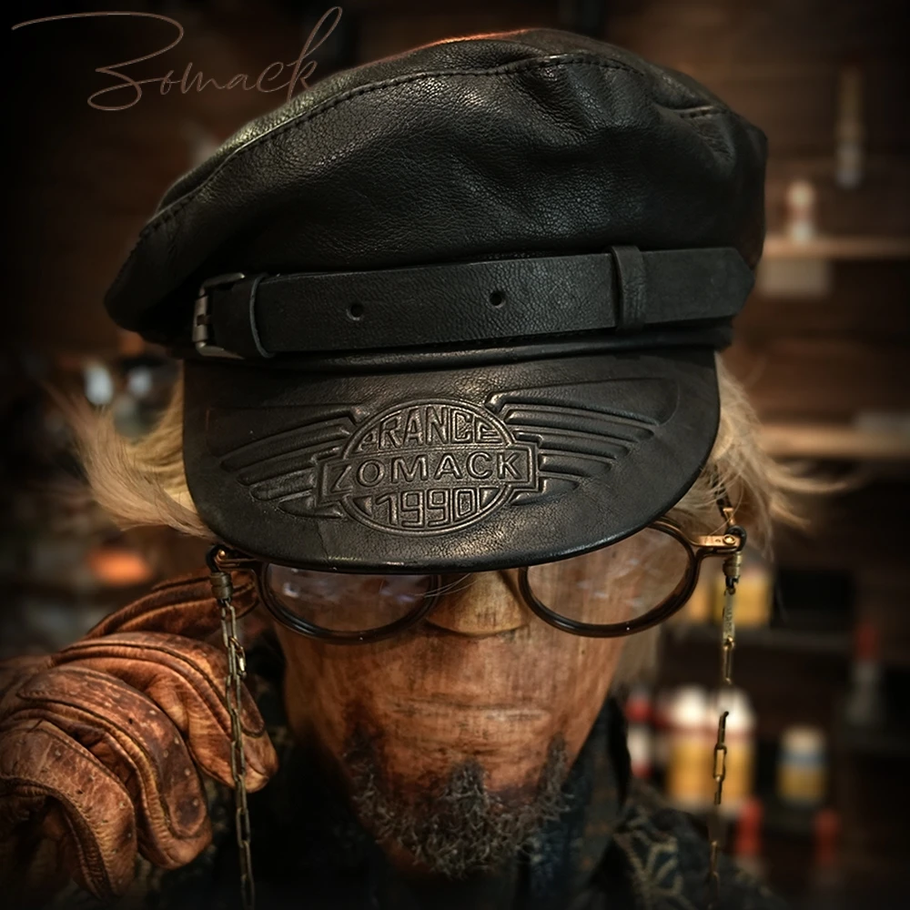 Handmade Captain Hat Motorcycle Genuine Leather Thick Cowhide Men Beret Punk Flat Top Broad-Brimmed