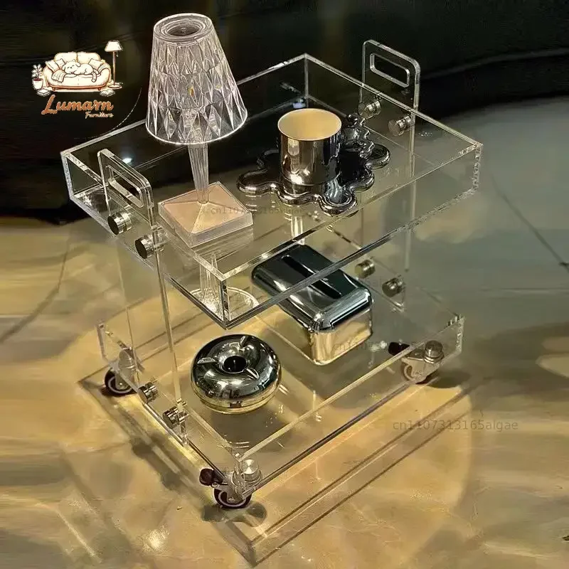 Acrylic Transparent Angle Side Table 2-layer Storage Trolley Shelf Sofa Bedside Movable Silent Universal Wheel Simple Snacks Ins