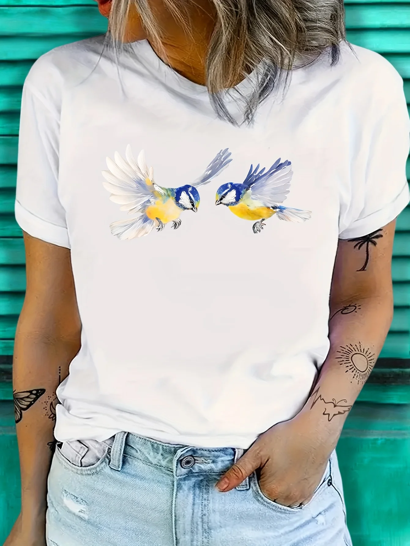 Women's Casual Short Sleeve Crew Neck T-Shirt Energetic Bird Graphic Print Spring Summer Autumn Casual Wear Comfortable Y2K Top
