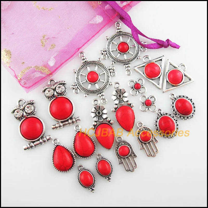 Retro Tibetan Silver Plated Animal Triangle Flower Palm Teardrop Oval Red Turquoise Stone Charms Pendants