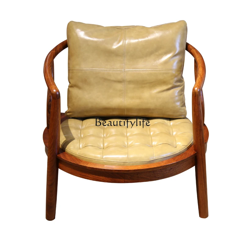 

New Chinese Style round-Backed Armchair Rosewood Leather Leisure Chair