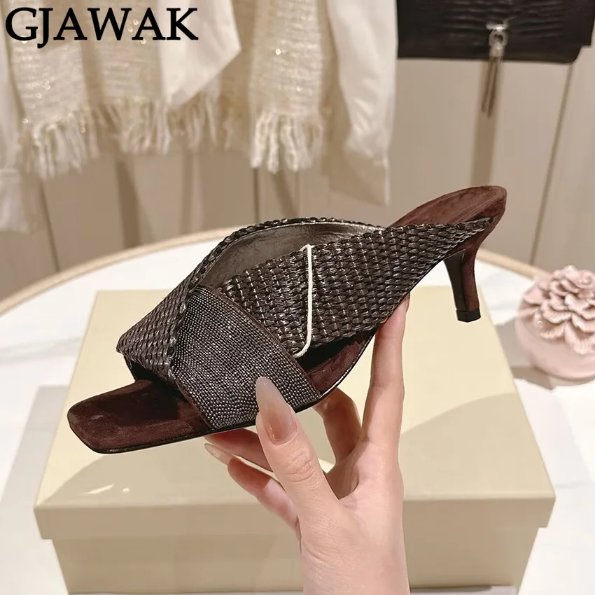 New Raffia Grass Weave Slides Women's Modern Slippers High Heel Party Shoes Women Square Toe Rome Sandals Summer Women Slippers