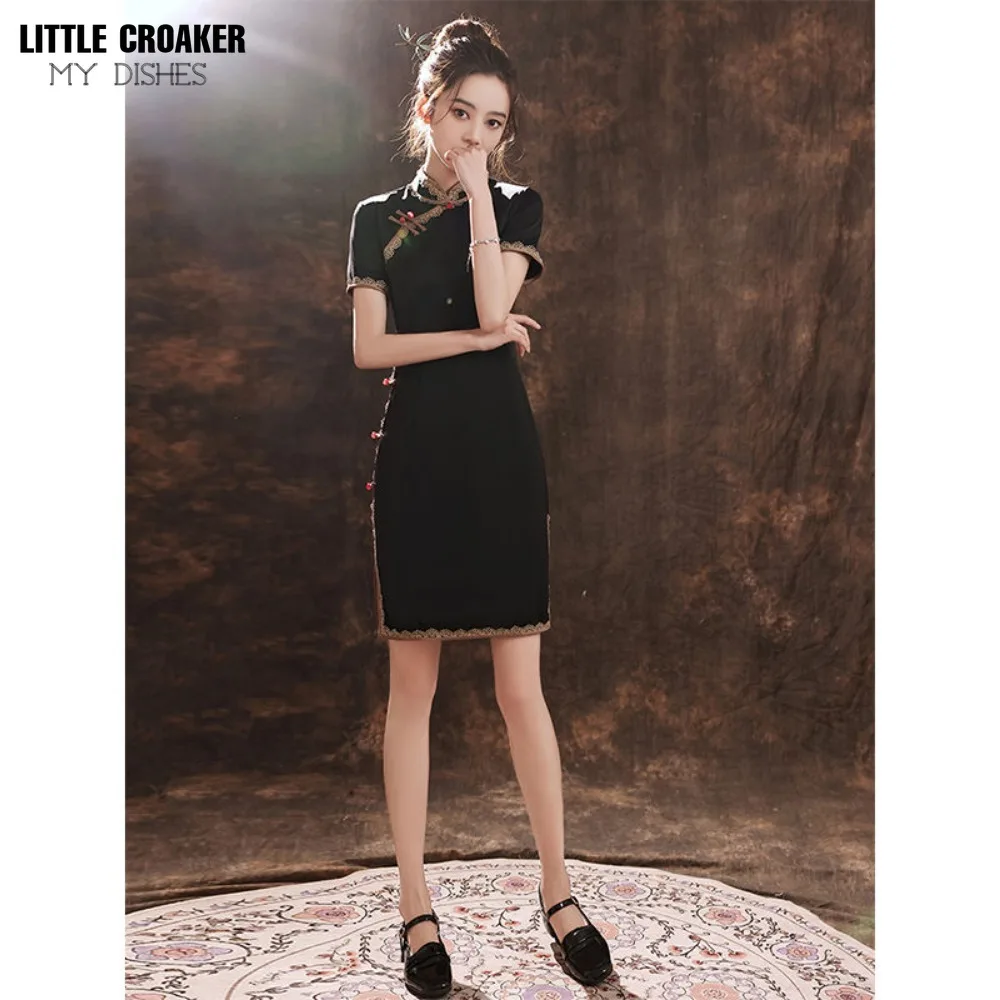 Qipao Black Cheongsam 2023 New Summer Young Style Chinese Improved Street Style High-end Little Man China-Chic Senior Sense