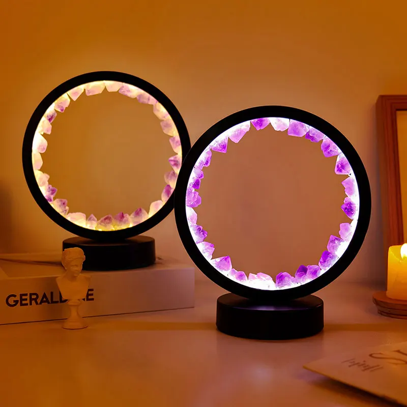 Natural Crystal Annular LED Night Light Bedside Lamp Rechargeable Natural Quartz Stone Amethyst Atmosphere Light Bedroom Deco
